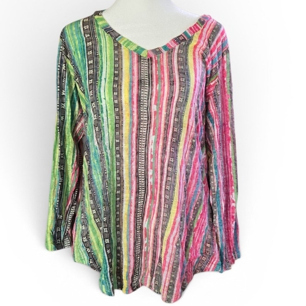David‎ Cline Womens XL Striped V-Neck Top Multicolor Long Sleeve Artistic Casual